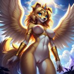 anthro bird_dog blonde_hair blue_eyes breasts canid canine canis cloud domestic_dog female front_view genitals gold_(metal) gold_jewelry golden_retriever hair happy hunting_dog jewelry lurktime_(director) magic mammal pussy retriever sky solo wings