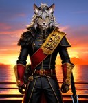 anthro clothing felid feline gloves gold_(metal) gold_jewelry hair handwear hi_res jewelry long_hair lynx male mammal pirate sea ship solo vehicle water watercraft