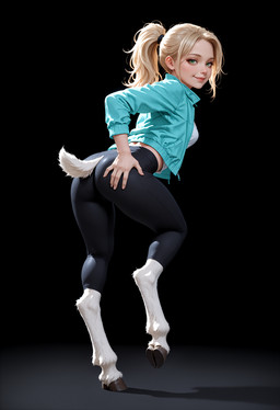 blonde_hair bottomwear breasts butt butt_pose clothed clothing cloven_hooves female fur green_eyes hair hand_on_butt hooves jacket leggings legwear looking_at_viewer looking_back pants ponytail pose realesrgan_x2_(upscaler) remacri_original_(upscaler) shirt simple_background smile solo tail tight_bottomwear tight_clothing tight_pants topwear white_body white_fur yoga_pants crashbandit animal_humanoid humanoid mammal satyr comfyui_(software) hi_res nai-diffusion-4-full_(model) prompt_metainfo stormtoothxl_(model)