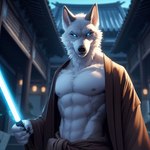 anthro canid canine canis fur humanoid jedi lightsaber male mammal melee_weapon muscular solo temple weapon white_body white_fur wolf