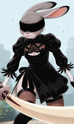 blindfold breasts cleavage_cutout clothed clothing cosplay crossover crossover_cosplay detailed_background dipstick_ears disney dress ear_markings facial_markings female fur gloves grey_body grey_fur handwear head_markings holding_object holding_sword holding_weapon legwear markings melee_weapon multicolored_ears outside pink_nose serious solo standing stockings sword thigh_highs weapon hank94_(director) zootopia judy_hopps yorha_2b lagomorph leporid mammal rabbit hi_res