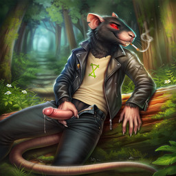 anthro black_body black_bottomwear black_clothing black_fur black_jeans black_pants bodily_fluids bottomwear cigarette cigarette_in_mouth clothed_male clothing denim denim_clothing forest forest_path fur genital_fluids genitals jacket jeans leather leather_clothing leather_jacket leather_topwear male pants penis penis_grab plant precum presenting presenting_penis red_eyes seductive_smirk shirt solo topwear tree unzipped unzipped_pants rattlepaw rattlepaw_(rattlepaw) mammal rodent skaven