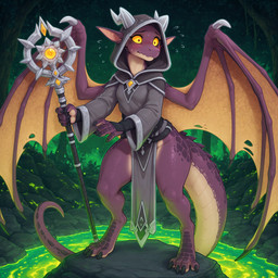 anthro belt blizzard_entertainment bodily_fluids bottomless claws clothed clothing female forest furgonomic furgonomic_headwear green_water hood horn long_tail mythology nervous pelvic_curtain plant purple_body purple_scales rock scales solo staff standing sweat sweatdrop tail tree wings yellow_eyes urumura warcraft dracthyr dragon kobold mythological_creature mythological_scalie scalie western_dragon hi_res