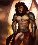 abs anthro balls bottomwear clothing felid genitals half-erect leopard_spots lion loincloth male mammal mane muscular muscular_anthro muscular_male pantherine penis solo spots tahlia_(director)