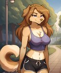 anthro athletic_wear bottomwear bra breasts brown_body brown_fur brown_hair cleavage clothed clothing crop_top female floppy_ears fur gym_bottomwear gym_clothing gym_shorts hair long_hair looking_at_viewer midriff navel outside park purple_eyes shirt shorts smile solo sports_bra street_lamp tank_top topwear twokinds underwear anontk erilas_(twokinds) bird_dog canid canine canis domestic_dog golden_retriever hunting_dog mammal retriever hi_res