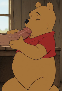 anthro big_penis bottomless bottomless_male circumcised clothed clothing duo erection eyes_closed fellatio furniture genitals glans human_on_anthro humanoid_genitalia humanoid_penis inside interspecies kneeling male male/male male_on_anthro oral penile penis red_clothing red_shirt red_topwear sex shirt topwear vein veiny_penis window yellow_body boxen549 winnie_the_pooh_(franchise) pooh_bear human mammal ursid ursine hi_res