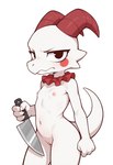4_fingers anthro breasts clown female fingers genitals holding_knife holding_object horn knife looking_at_viewer pussy red_horn serious simple_background simple_eyes small_breasts solo white_background white_body synaker kobold 2025 colored hi_res shaded simple_shading