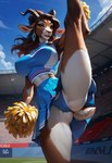 anthro bottomwear camel_toe cheerleader cheerleader_outfit clothing female horn leg_up panties skirt smile solo spread_legs spreading stadium underwear sanyasralker bovid caprine goat mammal hi_res