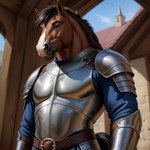 anthro armor athletic athletic_male belt blue_clothing blue_shirt blue_topwear brown_body brown_eyes brown_fur building chest_armor clothing fur male mane shirt shoulder_pads solo topwear town yiffymix_(model) bezi_(director) equid equine horse mammal bust_portrait portrait