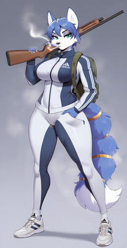 abibas anthro cigarette female gun looking_at_viewer ranged_weapon shotgun smoking solo sportswear standing weapon oswaldpohyl nintendo star_fox krystal_(star_fox) canid canine fox mammal absurd_res hi_res