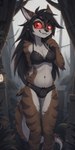 3d_(artwork) anthro belly belly_button black_bra black_clothing black_hair black_nose black_panties black_stripes black_underwear bra brown_body brown_fur brown_tail clothing cute_fangs digital_media_(artwork) female fur furry_body hair hi_res inner_ear_fluff lingerie looking_at_viewer panties red_sclera reptile scalie seductive solo standing stripes tuft underwear unknown_director unknown_species white_belly white_inner_ear_fluff