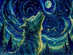 absurd_res attempted_signature blue_sky canid canine canis cloudscape evergreen_tree eyes_closed feral full_moon hi_res high-angle_view howl mammal moon night open_mouth pine_tree plant sky solo star surrealism tree wolf zaazu