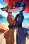 2024 anthro beach belly big_butt blue_body blue_fur blue_hair blush brown_body brown_fur butt canid canine canis curvaceous curvy_figure dark_body dark_fur detailed_background digital_media_(artwork) duo eyes_closed female female/female fox fur hair hugging kissing mammal multicolored_body muscular muscular_anthro muscular_female navel nude outside red_hair seaside short_hair slim spiky_hair standing tanima toony two_tone_body voluptuous white_belly white_body white_fur wolf