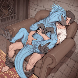 armchair blue_body blue_feathers chair duo feathers female feral fingering fingering_partner furniture male male/female sex retr-1 dinosaur dromaeosaurid reptile scalie theropod