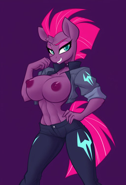 abs anthro big_breasts blue_eyes breasts broken_horn cleavage clothed clothing curvaceous curvy_figure female female_focus hair horn muscular nipples pose red_hair short_hair simple_background smile solo voluptuous wide_hips prompter:nuttyhoof friendship_is_magic my_little_pony tempest_shadow_(mlp) equid equine mammal unicorn hi_res