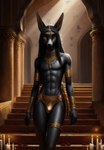 anthro anubian_jackal asian black_body black_fur bulge canid canine canis clothing femboy flower fur gold_(metal) gold_jewelry hair hi_res jackal jewelry long_ears long_hair male mammal palace plant rose_(flower) seductive slim solo underwear