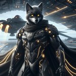 anthro armor canid canine canis cape clothing cybernetics cyborg futuristic glowing hangar hardfurry machine male mammal robot solo spacecraft standing vehicle wolf