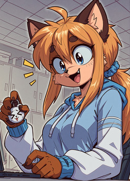 anthro baggy_clothing blue_eyes close-up clothing computer female fluffy fur hair hoodie inside low-angle_view open_mouth orange_body orange_fur orange_hair outline scrunchie sidelocks solo topwear holo_(director) mammal ursid absurd_res detailed hi_res