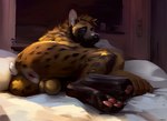 anthro anus backsack balls bed bed_sheet bedding beeryeen biped black_nose countershade_fur countershading fur furniture genitals hyaenid lying lying_on_bed male mammal on_bed pawpads pillow solo spots spotted_body spotted_fur spotted_hyena