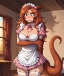 anthro blush bow_(feature) bow_tie breasts brown_hair cleavage clothed clothing curtains detailed_background dress embarrassed female furniture garter_straps hair horn inside legwear long_hair maid_uniform pink_clothing solo stockings thigh_highs twokinds uniform window anontk sarah_(twokinds) animal_humanoid humanoid hi_res