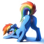 absurd_res anus blue_body blue_fur bodily_fluids butt easyfluff_(model) easyfluffv10-prerelease2_(model) equid equine female feral fur genital_fluids genitals hi_res horse looking_at_viewer mammal my_little_pony nenvul nude pony presenting pussy pussy_juice rainbow_dash_(mlp) raised_tail seductive smile solo