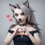 anthro clothing collar ear_piercing ear_ring female fur gesture hair hand_heart heart_symbol piercing red_sclera ring_piercing simple_background smile solo spiked_collar spikes teeth white_body white_fur ilmpbx loona_(helluva_boss) canid canid_demon canine demon hellhound mammal hi_res