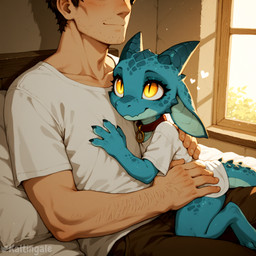 4_fingers 5_fingers <3 ambiguous_gender anthro bed blue_body blue_scales blush bottomwear brown_hair claws clothed clothing collar digitigrade duo embrace faceless_character faceless_male fingers furniture hair hand_on_back hand_on_chest hand_on_hip happy horn hug inside looking_at_viewer looking_back looking_back_at_viewer looking_up male on_bed on_lap pants pillow pupils scales shirt short_hair size_difference slit_pupils smile spots spotted_body tail topwear window yellow_eyes young kaltingale_(director) human kobold mammal scalie hi_res watermark