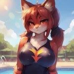 anthro breasts closed_smile clothing felid female fur generation_7_pokemon half-length_portrait litten looking_at_viewer mammal nipple_outline one-piece_swimsuit outside pokemon_(species) pool portrait red_body red_eyes red_fur seductive solo swimwear thatredhyena white_body white_fur