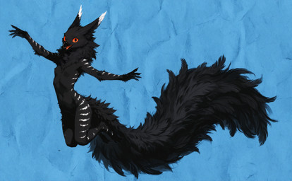 3_toes 5_fingers anthro beak black_body black_feathers black_fur breasts claws feathers featureless_breasts feet female fingers fluffy fluffy_tail fur happy jumping long_tail looking_at_viewer midair neck_tuft open_beak open_mouth open_smile orange_sclera orange_tongue simple_background slim small_breasts smile smile_at_viewer solo striped_body striped_fur stripes tail tail_feathers toes tongue tuft oldhroft avian velari hi_res