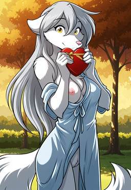 casual_nudity clothing female fur genitals grey_hair hair heart_symbol nipples pink_nose pussy robe solo standing white_body white_fur yellow_eyes sane twokinds raine_silverlock canid canine canis mammal wolf hi_res