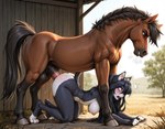 all_fours anthro black_body black_hair bodily_fluids breasts countershading duo equine_genitalia female feral hair long_hair male male/female outside rough_sex sex shocked tears white_body white_countershading djar17 domestic_cat equid equine felid feline felis horse mammal hi_res