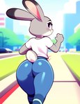 anthro blush bottomwear butt butt_focus city city_background clothing ears_up female jogging looking_at_viewer looking_back looking_back_at_viewer outdoors pants rear_view shirt smile solo sport t-shirt tight_clothing topwear yoga_pants zootopia hank94_(director) judy_hopps lagomorph leporid mammal rabbit absurd_res hi_res