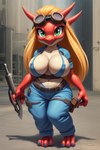 anthro ariesai big_breasts breasts cleavage clothed clothing female hi_res kobold looking_at_viewer navel non-mammal_breasts scalie skimpy solo work_clothes