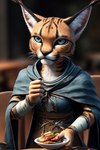 anthro cloak clothed clothing female food grey_eyes neutral_expression rogue sitting solo wraps dimot caracal caracal_(genus) felid feline khajiit mammal