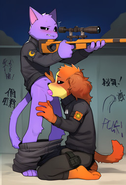 4_fingers 4_toes aiming anthro anthro_on_anthro armband balls barefoot bite biting_lip black_nose black_sclera blush bottomwear bottomwear_down cheek_tuft clothed clothing dog_tags duo erection eyebrows facial_tuft feet fellatio fingers floppy_ears fluffy_ears fur genitals graffiti grey_clothing gun hand_on_leg head_tuft hindpaw holding_gun holding_object holding_weapon humanoid_genitalia humanoid_penis interspecies kneeling leg_tuft legband male male/male military monotone_body monotone_fur multicolored_body multicolored_fur narrowed_eyes navel night no_underwear one_eye_half-closed oral orange_body orange_fur pants pants_down partially_clothed paws penile penis pink_inner_ear pink_nose purple_body purple_fur ranged_weapon rifle sex side_view simple_background sniper_rifle snout standing sweater tail toes topwear tuft turtleneck wavy_mouth weapon white_eyes ratarang_(director) mob_entertainment poppy_playtime smiling_critters catnap_(poppy_playtime) dogday_(poppy_playtime) canid canine canis domestic_cat domestic_dog felid feline felis mammal hi_res novelai