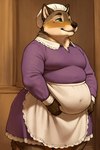 anthro apron big_bad_wolf_(shrek) bonnet brown_body brown_fur canid canine canis clothed clothing crossdressing detailed_background fur green_eyes headgear headwear hi_res inside maid_uniform male mammal mexlicano overweight overweight_anthro overweight_male purple_clothing solo solo_focus uniform white_apron white_clothing white_headwear wolf