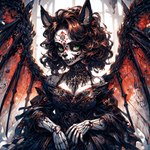 anthro brown_hair female fox_ears gothic green_eyes hair looking_at_viewer skull_mask_pattern white_body wings colorful