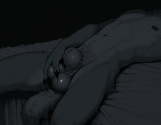 animal_genitalia ball_fondling balls bed big_balls biped black_balls black_body black_fur black_nipples black_sheath claws finger_claws fingers fondling fully_sheathed fur furniture genitals glistening glistening_genitalia grey_body grey_fur grey_sheath holding_balls lying male navel nipples nude on_back on_bed penis sheath simple_background solo tail tuft anotheranon canid canine canis mammal wolf hi_res