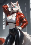 abs anthro breasts choker cleavage clothed clothing female fur hair jewelry latex latex_clothing latex_leggings looking_at_viewer markings muscular necklace red_markings sharp_teeth solo teeth white_body white_fur white_hair redstallion_(director) canid canine mammal absurd_res hi_res