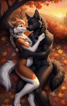 anthro autumn black_body black_fur black_hair black_nose braided_hair brown_body brown_fur detailed_background detailed_fur duo female fur hair laying leaf looking_at_another looking_at_partner lying male monotone_body monotone_fur multicolored_body multicolored_fur noses_touching on_side outdoors plant romantic romantic_couple smile sunset tree two_tone_body two_tone_fur white_body white_fur yellow_eyes wolfik canid canine canis mammal wolf detailed hi_res