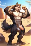 abs anthro biceps biped bodily_fluids brown_body brown_fur canid canine canis chest_tuft cloud cum cum_drip cum_splatter dripping feet fur genital_fluids genitals hair hi_res humanoid_genitalia male mammal navel nipples nth nude penis red_eyes short_hair sky solo toes tongue tuft wolf