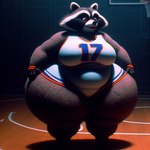 anthro basketball_court basketball_uniform belly big_breasts black_nose bottomwear breasts brown_eyes clothing female fur grey_body grey_fur hyper_hips jersey number_on_clothing obese obese_anthro obese_female overweight overweight_anthro overweight_female shorts solo sportswear thick_thighs uniform wide_hips wristband anonymous_director mammal procyonid raccoon