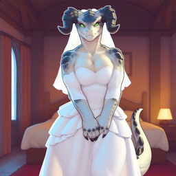 bed breasts claws clothing dress female furniture green_eyes grey_body grey_scales horn inside lamp looking_at_viewer non-mammal_breasts pupils scales slit_pupils solo tail wedding_dress wedding_veil white_body white_clothing white_scales window zaddha fallout deathclaw humanoid scalie hi_res