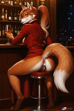 animal_genitalia animal_pussy anthro anus bangs bar bodily_fluids bottomless bottomless_female breasts butt canine_genitalia canine_pussy claws clothed clothing coat container cup fangs female fur genital_fluids genitals glass gradient_hair hair hair_between_eyes holding_cup holding_object long_hair looking_at_viewer nipples orange_body orange_eyes orange_fur ponytail pussy pussy_juice red_clothing red_coat red_topwear sitting_on_stool smile solo topwear chrisphoenix canid canine fox mammal absurd_res director_name full-length_portrait hi_res portrait