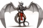 anthro armor beckoning blue_eyes bottomwear breasts clothing dragon dragon_wings female gesture grey_body grey_scales hair halfcerberus hi_res horn leather leather_bottomwear leather_clothing leather_pants loincloth midriff non-mammal_breasts pants scales scalie solo spread_wings white_hair wings