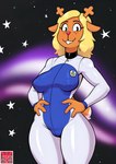 anthro buckteeth clothed clothing deltarune detailed_background female hands_on_hips looking_at_viewer smile solo space spacesuit standing star teeth tight_clothing av-10 noelle_holiday cervid mammal hi_res