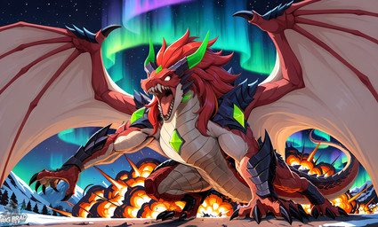 ambiguous_gender armor black_claws black_horn breath_powers claws detailed_background elemental_manipulation explosion fangs female feral finger_claws fire fire_breathing fire_manipulation gem glowing glowing_eyes green_eyes hair horn long_hair male membrane_(anatomy) membrane_anatomy membranous_wings muscular mythology night open_mouth outside plant pupils quadruped red_body red_hair red_scales red_tail scales sharp_teeth sky snow solo spikes star starry_sky tail tan_body teeth toe_claws tongue wings thebigbradwulf emberlynn_(thebigbradwulf) dragon mythological_creature mythological_scalie scalie western_dragon aurora_(disambiguation) digital_media_(artwork)