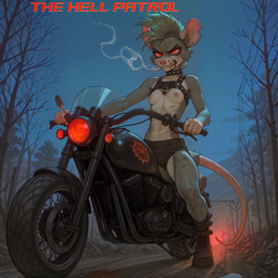 angry anthro big_ears blood blood_from_eye blood_from_mouth blood_in_mouth blood_on_ground bodily_fluids boots bottomwear breasts cigarette cigarette_in_mouth clothing collar dark_background dead_tree female footwear glowing glowing_eyes green_hair hair harness mohawk motorcycle navel nipples plant punk rat_tail red_eyes red_light shorts showing_teeth smoke smoking snarling solo spiked_collar spikes text tree vehicle wounded whigwham mammal murid murine rat rodent 1:1 absurd_res english_text hi_res
