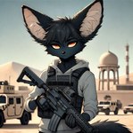 anthro black_body black_fur clothing fur male orange_eyes solo weapon lucifluffy kalenek_(lucifluffy) canid canine fennec fox mammal