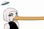 aircraft airplane anthro bangs beak bob_cut breasts eyebrows eyeshadow female humor looking_at_viewer makeup raised_eyebrows simple_background sleeveless solo upper_body white_background wheel_of_fortune anatid anseriform avian bird duck animated